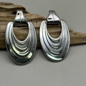 Elegant Vintage Silver Tone Large Chunk Hoop Earrings Statement Jewelry